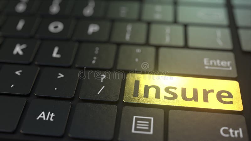 Black computer keyboard and gold insure key. Conceptual 3D rendering royalty free illustration