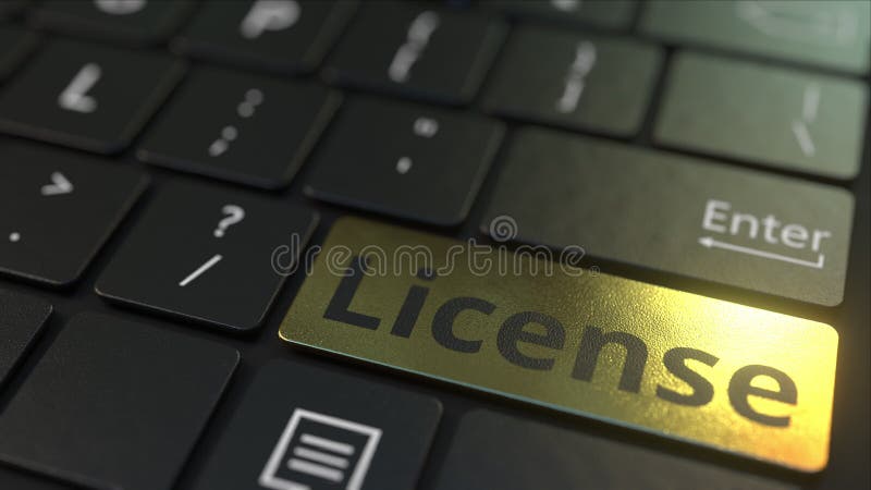 Black computer keyboard and gold license key. Conceptual 3D rendering vector illustration