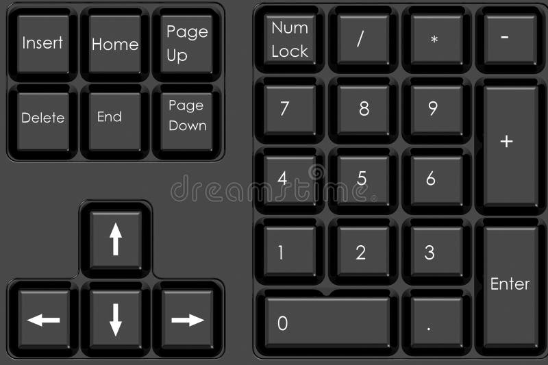 Black computer keyboard with number pad and arrow keys stock illustration