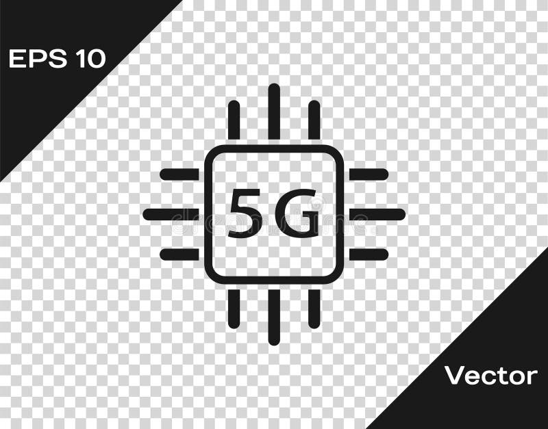Black Computer processor 5G with microcircuits CPU icon isolated on transparent background. Chip or cpu with circuit stock illustration
