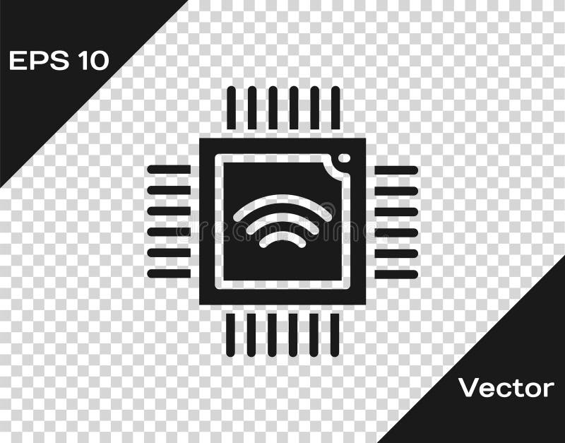 Black Computer processor with microcircuits CPU icon isolated on transparent background. Chip or cpu with circuit board stock illustration