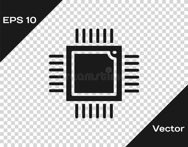 Black Computer processor with microcircuits CPU icon isolated on transparent background. Chip or cpu with circuit board vector illustration