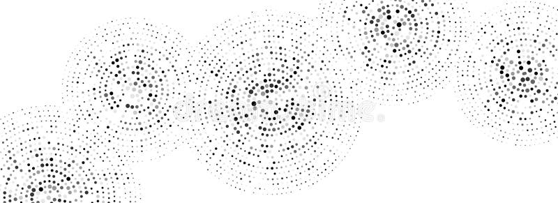 Black concentric dotted circles pattern. Rippled sound wave rings background. Radial halftone abstract wallpaper. Tech vector illustration