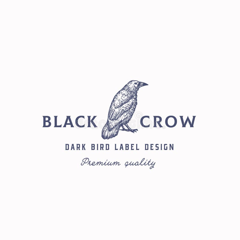 Black Crow Abstract Vector Sign, Symbol or Logo Template. Hand Drawn Raven or Crow Bird Sketch Silhouette with Retro vector illustration