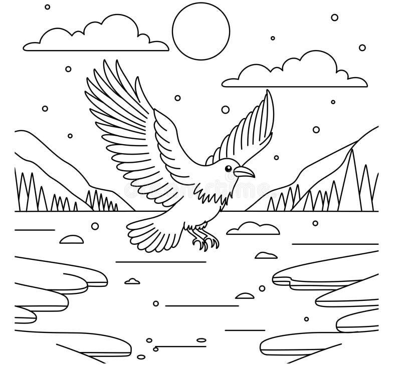 Black crow is flying over the frozen lake outline coloring page. Christmas and Winter Illustration royalty free illustration