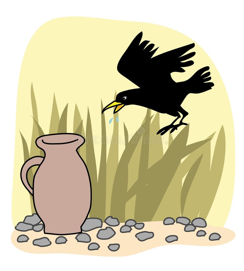 Black crow and a jug Aesops Fables royalty free illustration