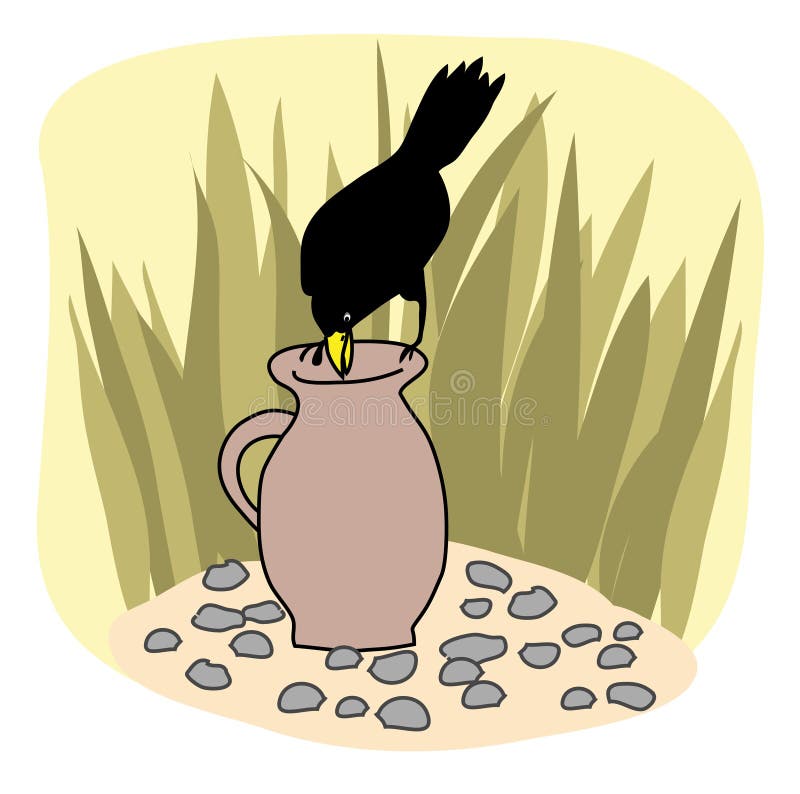 Black crow and a jug Aesops Fables royalty free illustration