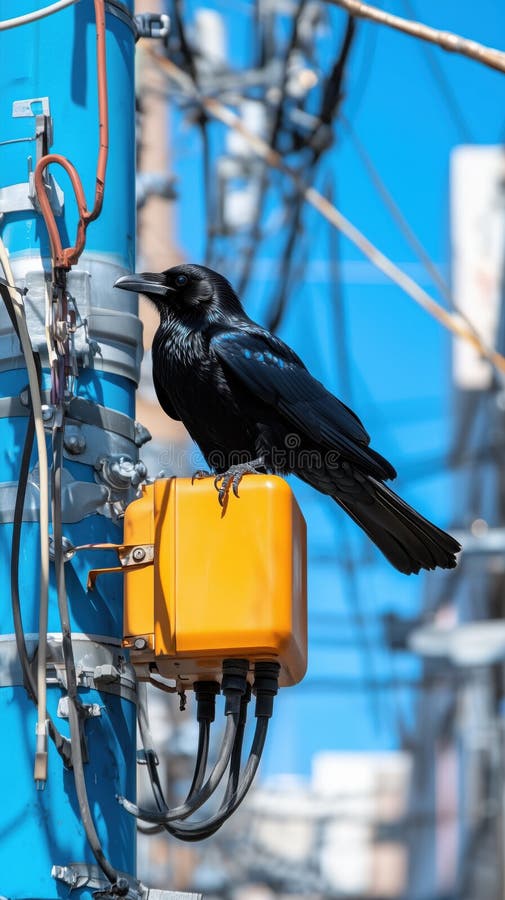 Black crow perched on urban electric pole royalty free illustration