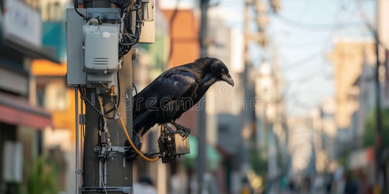 Black crow perched on urban electric pole, observing street royalty free illustration