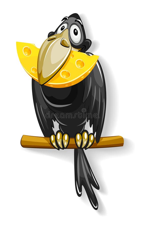 Black crow with piece of cheese in beak stock illustration