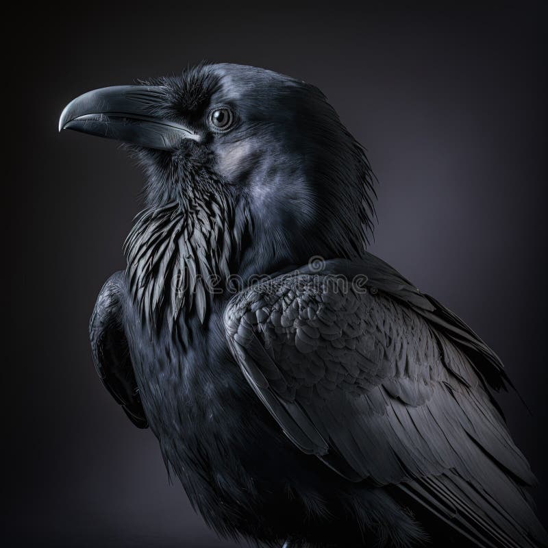 Black crow portrait in studio, ultra realistic, Generative Ai stock illustration