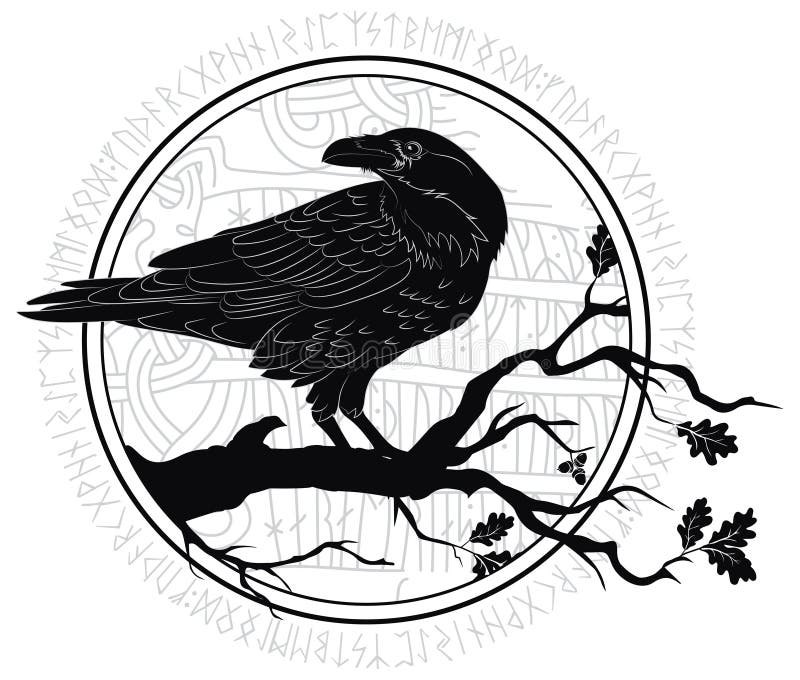 Black crow sitting on a branch of an oak tree, and Scandinavian runes, carved into stone stock illustration