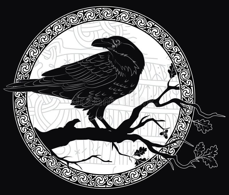 Black crow sitting on a branch of an oak tree, and Scandinavian runes, carved into stone stock illustration