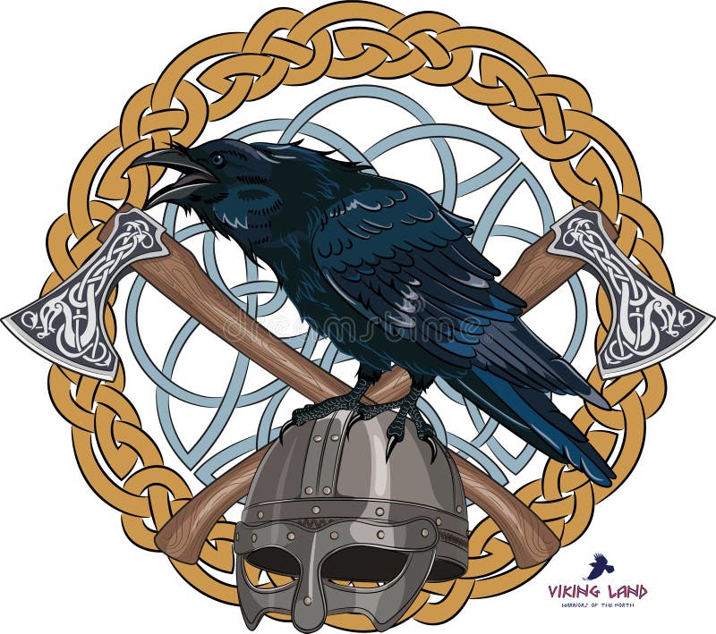 Black crow sitting on a Viking helmet with two crossed axes on background Scandinavian pattern vector illustration