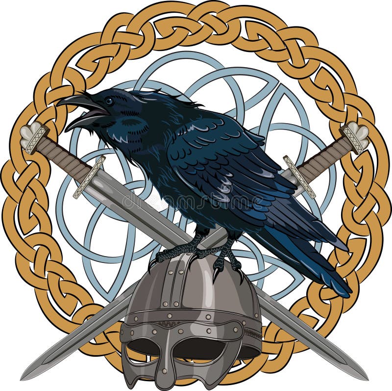Black crow sitting on a Viking helmet with two crossed swords on background Scandinavian pattern royalty free illustration