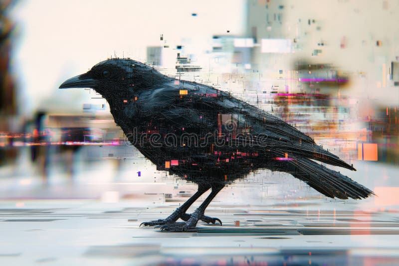 A black crow is standing on a sidewalk. The crow is surrounded by a blurry background. There are several people in the background, some of them are walking and others are standing. Generative AI
