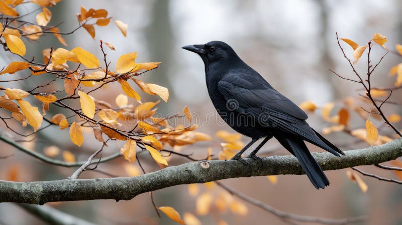 Black Crow on Tree Branch with Autumn Leaves in Soft Light stock illustration