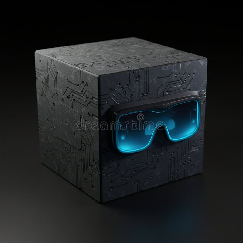 A black cube with intricate circuit patterns covers its surface. Attached is a pair of royalty free illustration