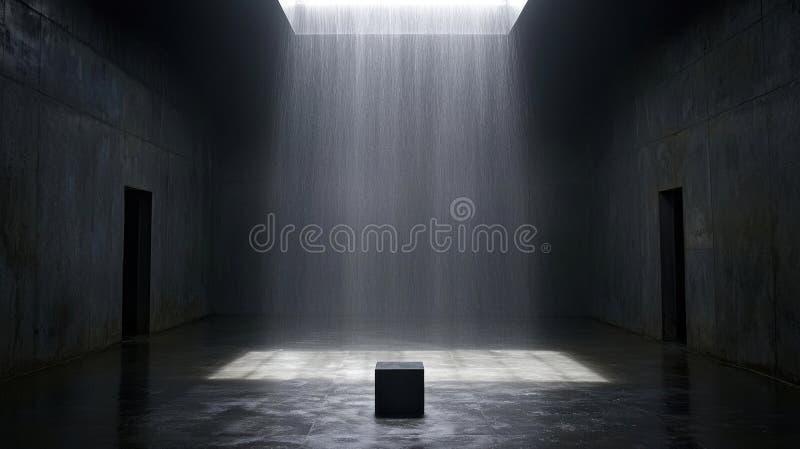 The image depicts a minimalist art installation in a dimly lit room. The centerpiece of the room is a large, rectangular, dark gray or black cube-shaped object that is illuminated by a light source above it. Water cascades down from the ceiling, creating a dynamic and visually striking effect. The room features two dark gray or black doors on either side of the cube, and the floor is a dark gray or black, possibly made of concrete. The overall atmosphere is dark and moody, with the light from the installation casting a soft glow on the scene. Large rectangular light source stock images, royalty-free photos and pictures
