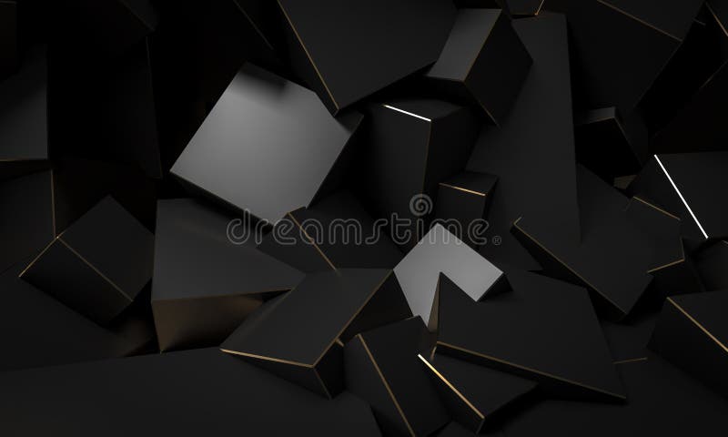 Black Cubic Blocks with Gold Edges, Minimalist Abstract Background