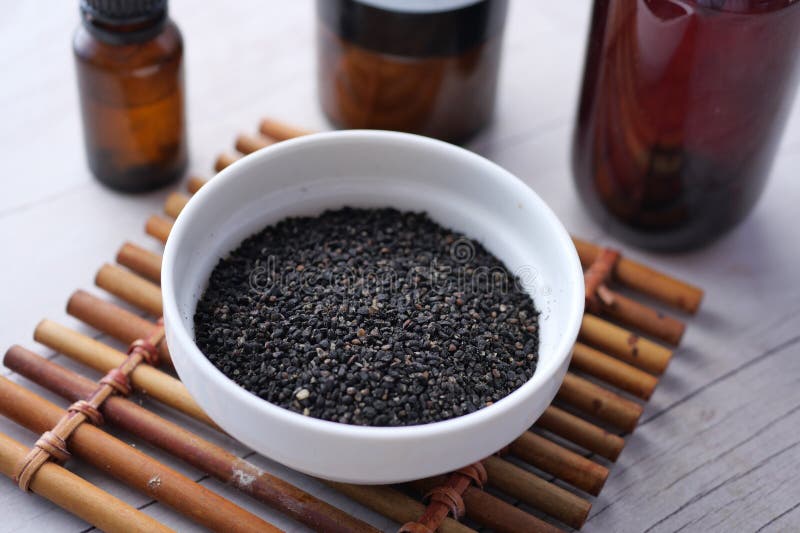 Black Cumin Seed and Oil on Table Stock Photo Image of coriander