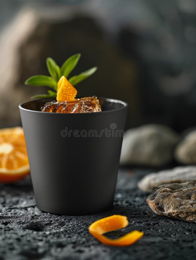 Black cup with an orange cocktail garnish, mint leaves, ice cubes. royalty free stock photos