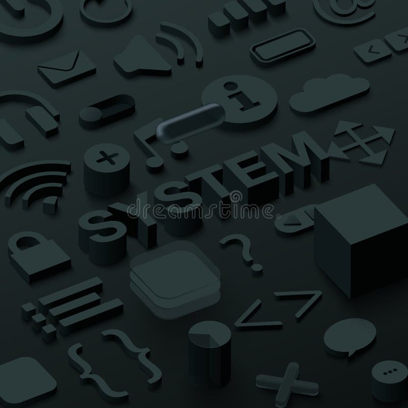Black 3d system background with web symbols. stock illustration