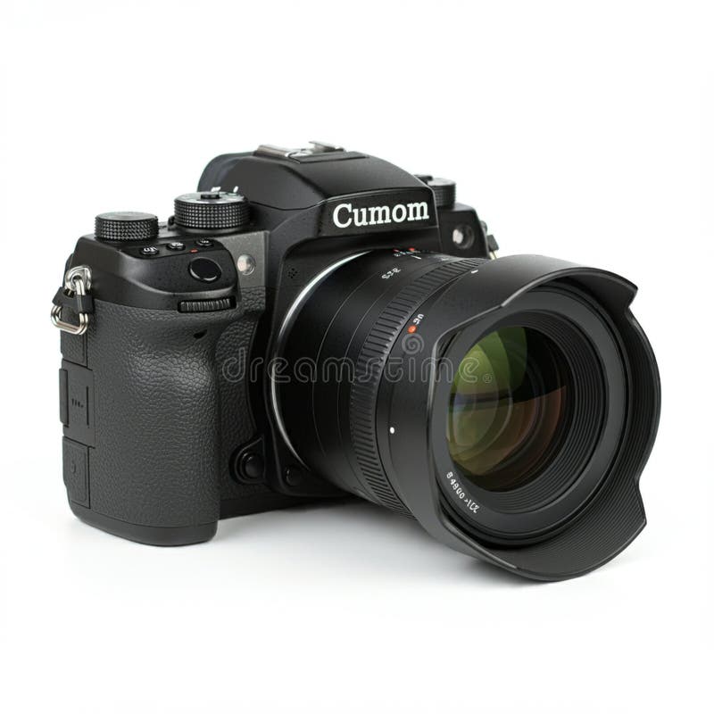 A black digital camera with a textured grip and multiple control dials on top. The lens vector illustration