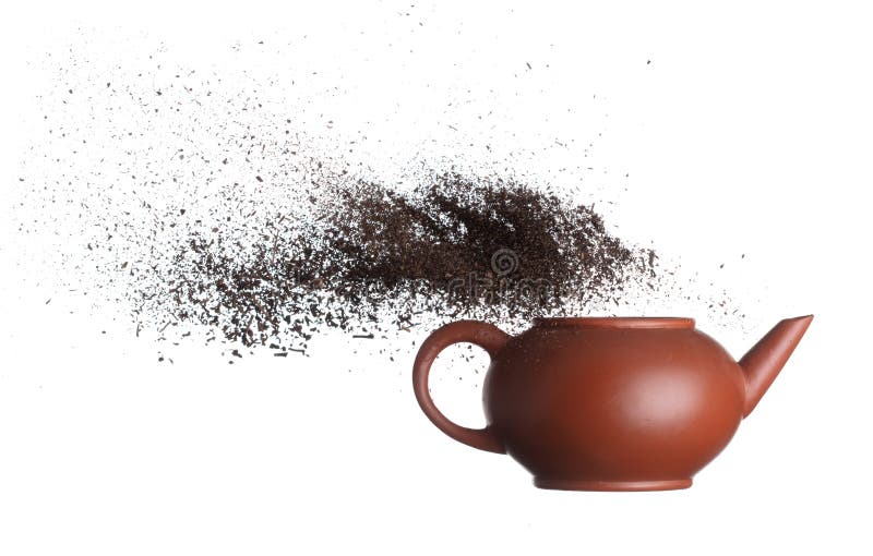 Black Dried Leave Tea Fly on Pot. Small Fine Size Tea Leaf Flying