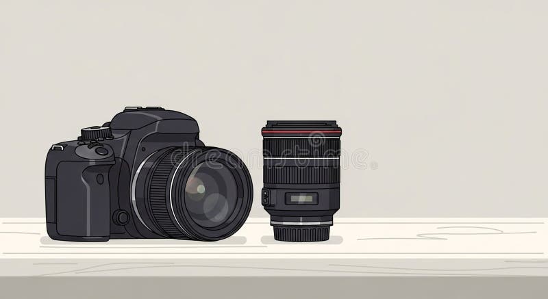 Black DSLR camera with an attached royalty free illustration