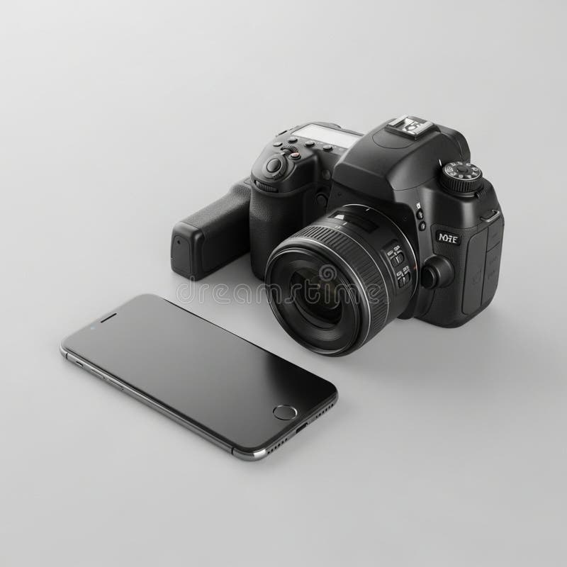 A black DSLR camera with a stock illustration