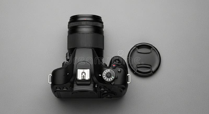 A black DSLR camera with a stock illustration
