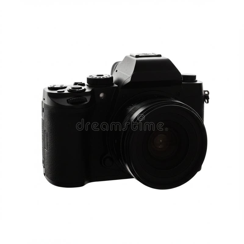 Black DSLR camera with a large lens and multiple control dials, set against a plain royalty free illustration