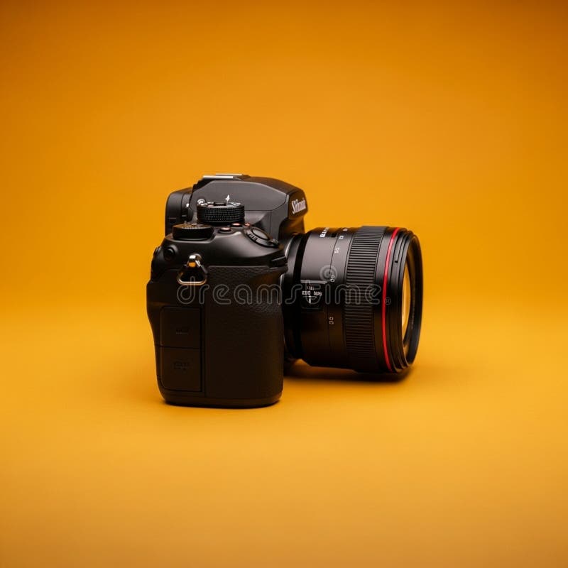 A black DSLR camera with a lens is positioned on an orange background vector illustration
