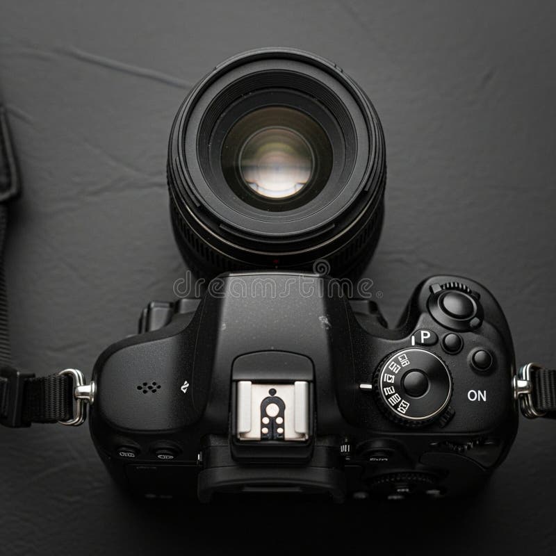A black DSLR camera is positioned royalty free illustration