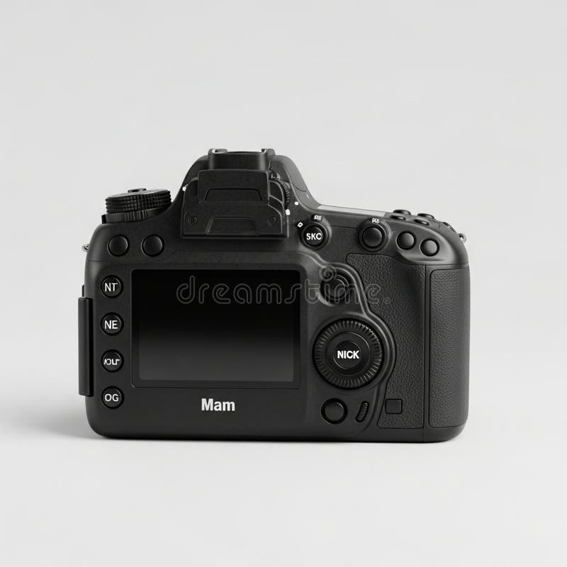 Black DSLR camera, rear view, on vector illustration