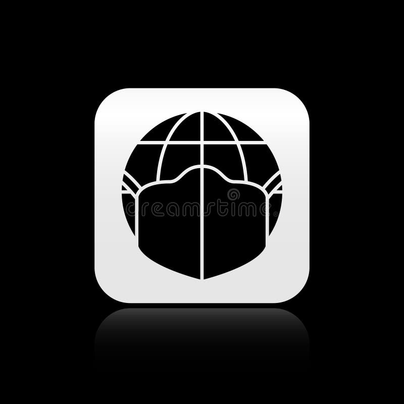 Black Earth Globe with Medical Mask Icon Isolated on Black Background