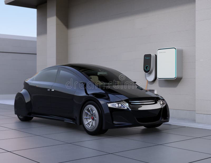 Black electric car charging at home charging station royalty free illustration Black electric car charging at home charging station royalty free illustration