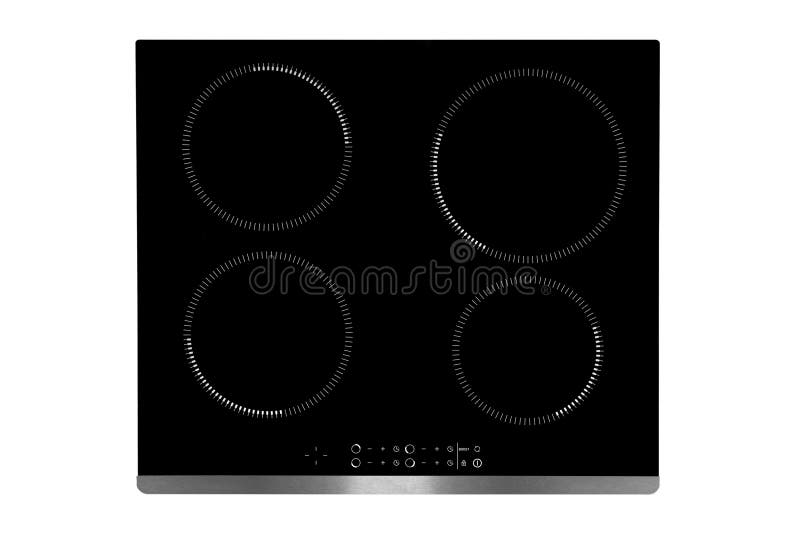 Black Electric Hob with White Burners and Touch Control Buttons Stock