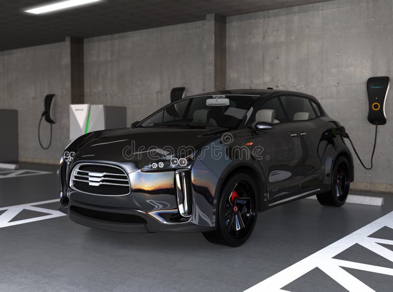 Black electric SUV recharging in parking garage