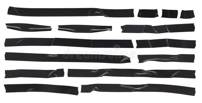 Black electrical tape set of stripes of torn sticky pieces of different shapes isolated objects on white background stock image