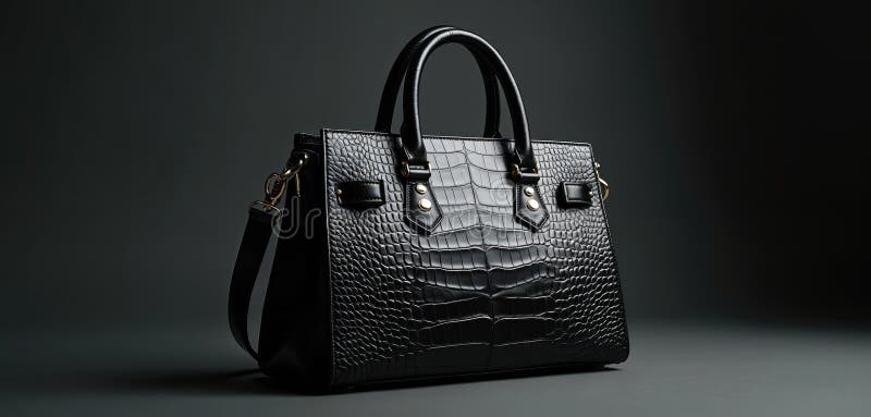 Black embossed leather handbag with gold hardware sits on a dark studio backdrop. This luxury accessory offers elegant style and royalty free stock images