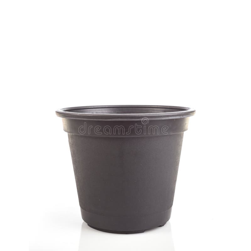Black empty plastic bucket for seedlings isolated white royalty free stock photos