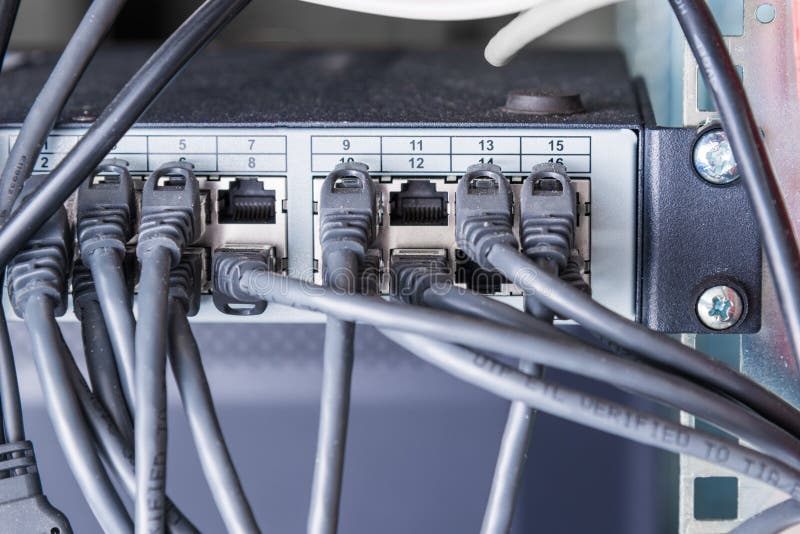 Black ethernet cables connected to switch royalty free stock image