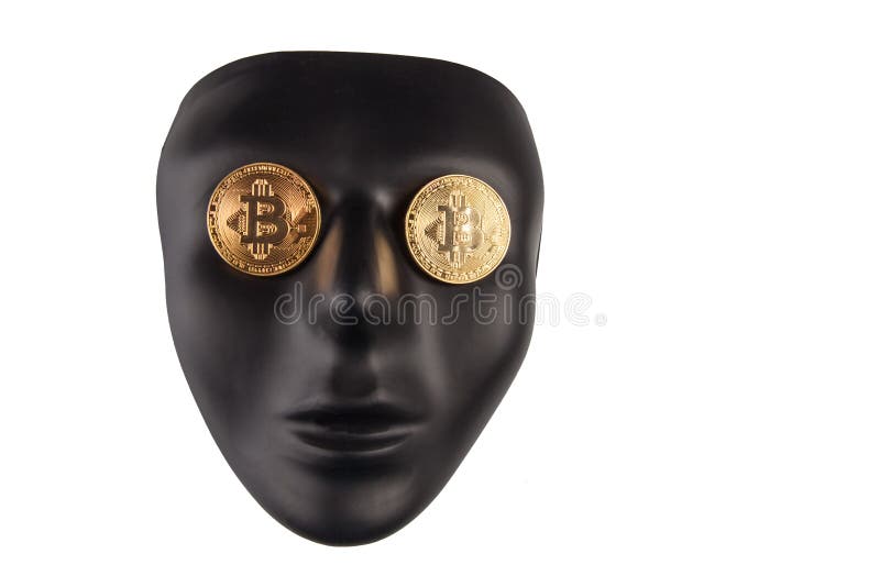 Black face mask with golden bitcoins placed on eyes isolated on white with copy space. Anonymity and cryptocurrency concept. Black face mask with golden royalty free stock photo Black face mask with golden bitcoins placed on eyes isolated on white with copy space. Anonymity and cryptocurrency concept. Black face mask with golden royalty free stock photo