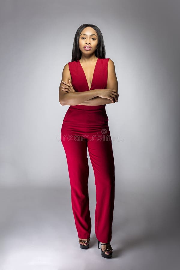Black Fashion Model with Red Pantsuit