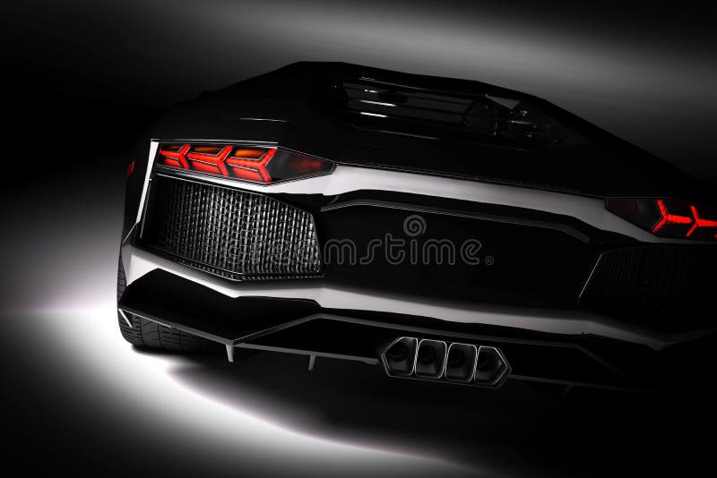 Black fast sports car in spotlight, black background. Shiny, new, luxurious. royalty free illustration Black fast sports car in spotlight, black background. Shiny, new, luxurious. royalty free illustration