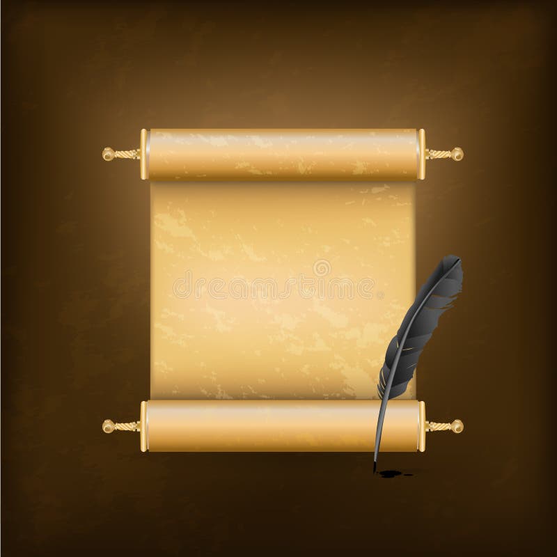 Black feather and ancient scroll vector illustration