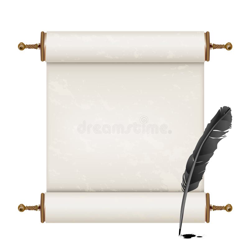 Black feather and ancient scroll vector illustration