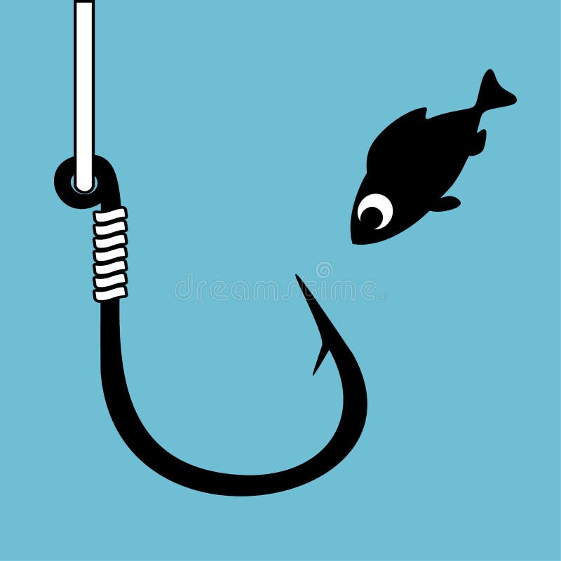 Black Fish Hook With Fishing Line On Blue. Funny Cartoon Fish Looking ...